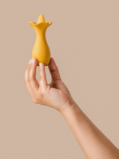 Licking Tongue Vibrator_in soft yellow silicone. with 9 different licking and flicking modes and 3 intensities Myrtle is designed to bring you to a cunnilingus-esque climax in any which way you please. 